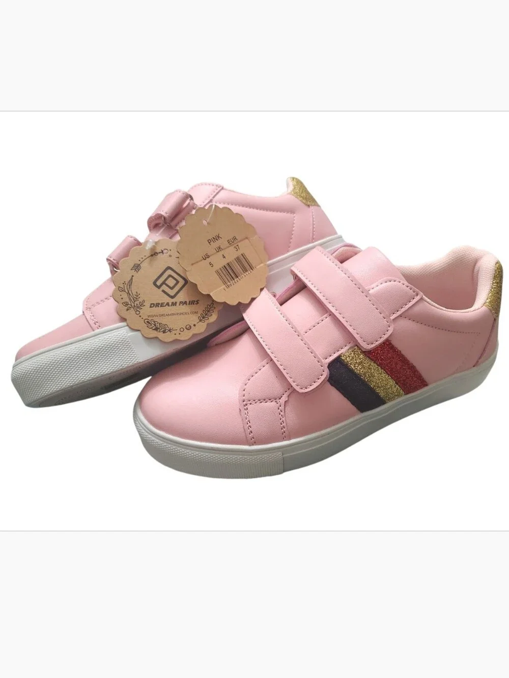 Dream Pairs Pink Kids SIZE 5 Velcro Sneakers with Gold Red Navy Glitter Stripes